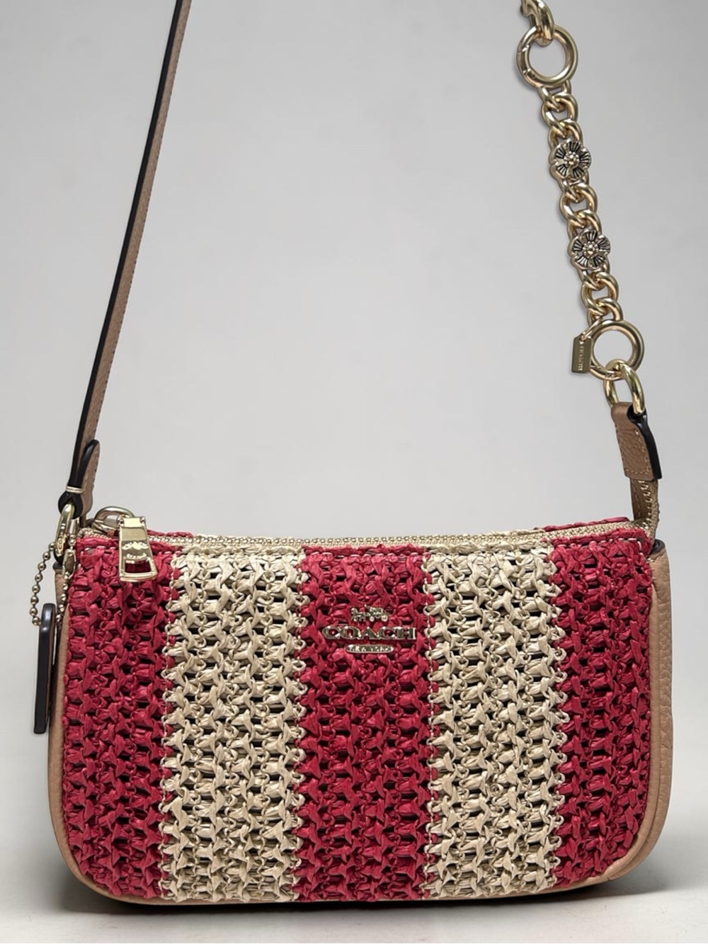 COACH Nolita 19 Straw & Refined Pebble Leather w/Tea Rose Strap Extender NWT